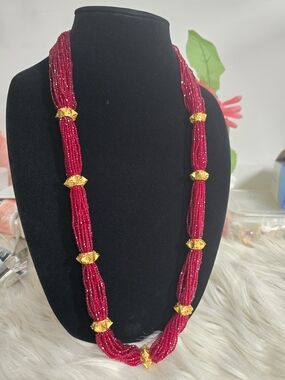 Red Beaded Multi-Strand Necklace with Gold Accents Nepali Naugedi